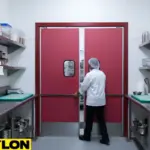 Chef pushing through red commercial swinging doors with vision panels in a busy kitchen workspace.