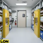 Chemical storage room with PE-Series swinging door between yellow chemical cabinets, organized shelving for bottles and containers