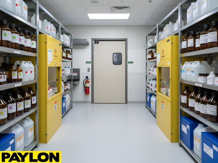 Chemical storage room with PE-Series swinging door between yellow chemical cabinets, organized shelving for bottles and containers