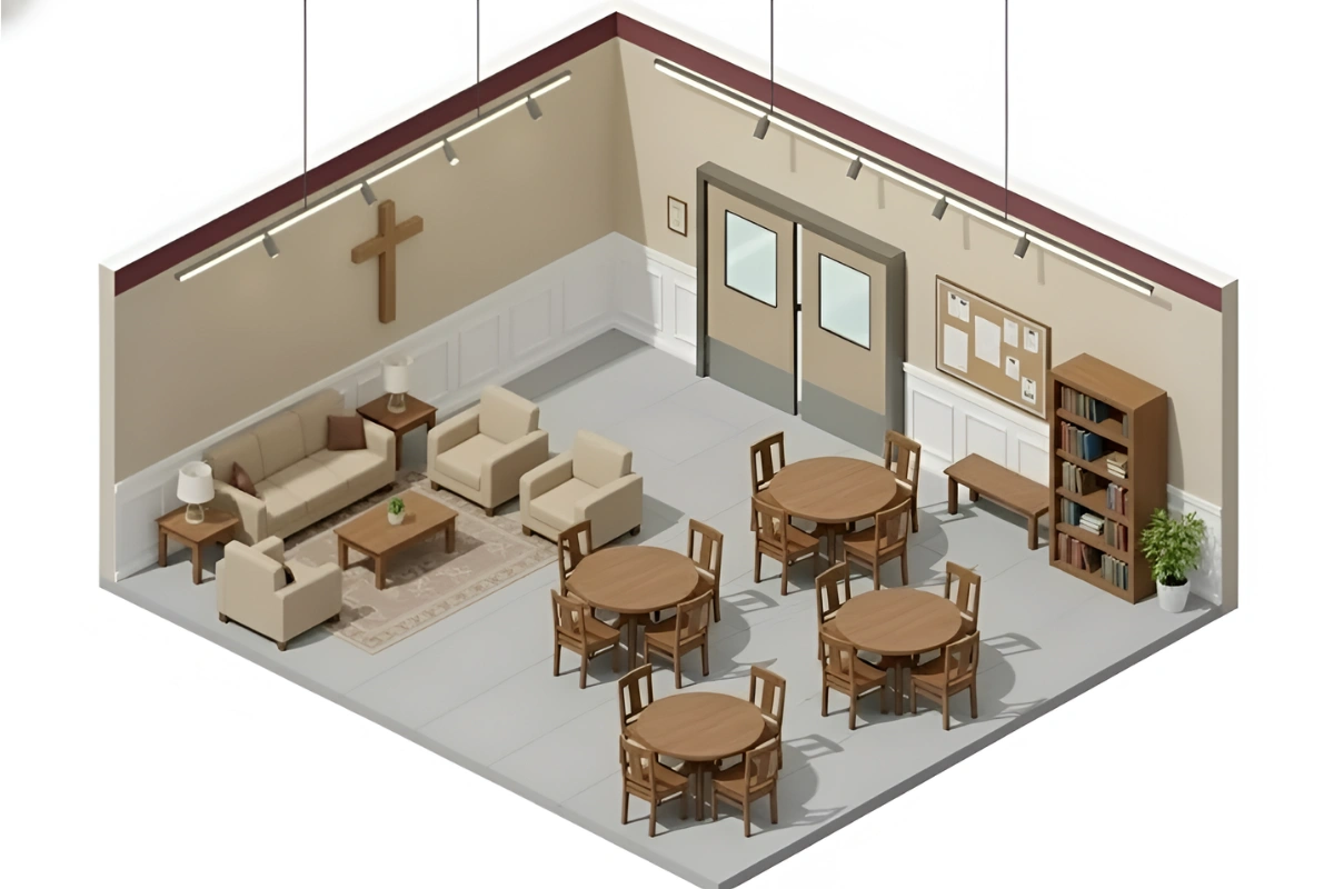 “Church hall interior with tables, lounge seating, and double swinging doors designed for smooth crowd flow.”