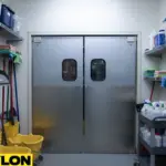 Commercial janitor closet swinging doors designed for daily cleaning and maintenance traffic