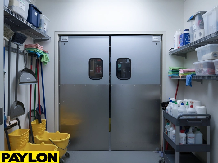 Commercial janitor closet swinging doors designed for daily cleaning and maintenance traffic