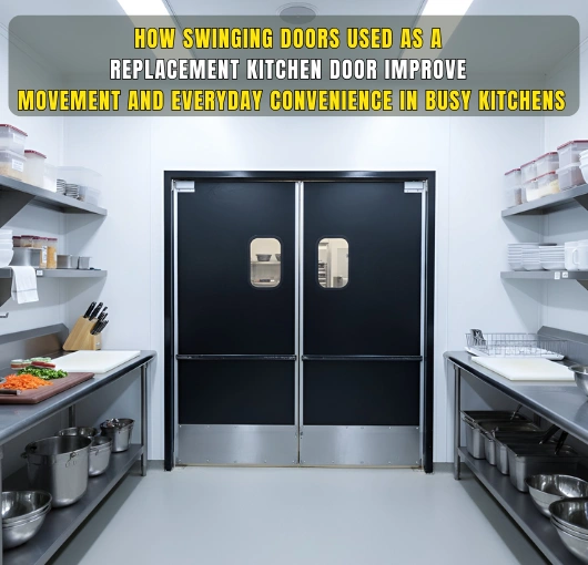 Commercial kitchen double swinging doors with stainless kick plates used as replacement kitchen doors for smoother workflow.