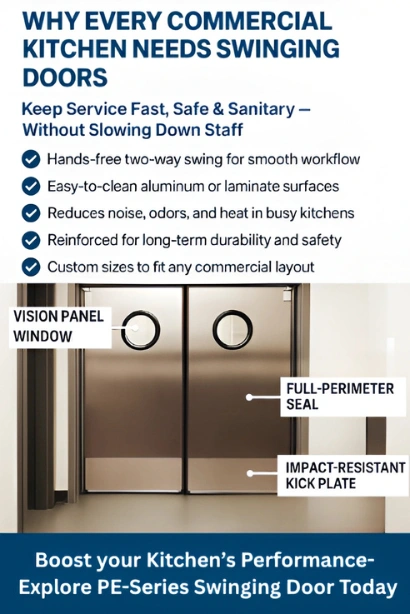 “Commercial kitchen swinging door features including vision panel window, full-perimeter seal, and impact-resistant kick plate.”