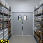 Commercial pantry storage room using swinging doors for efficient movement between storage areas
