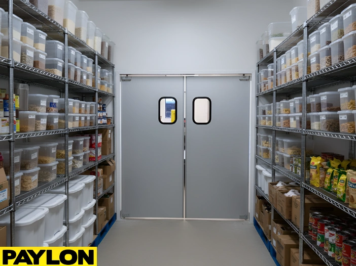 Commercial pantry storage room using swinging doors for efficient movement between storage areas