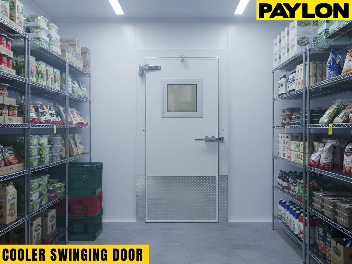 Cooler swinging door installed in a walk-in cooler with food storage shelves, showing how insulated swing doors help reduce air loss in daily commercial use.
