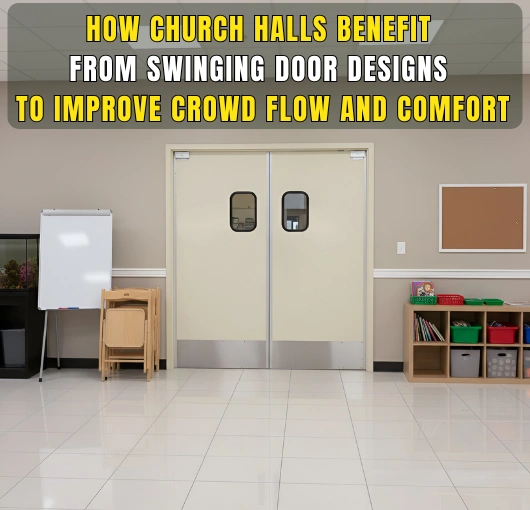 Cream-colored PE-Series swinging doors with vision panels in a church hall used for events and gatherings.