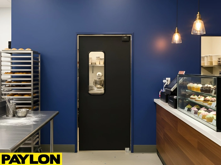 Customer-facing bake shop swinging door supporting smooth movement between counter and kitchen