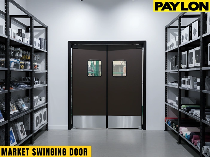 Dark brown PE-Series marketing swinging doors in a modern electronics retail backroom