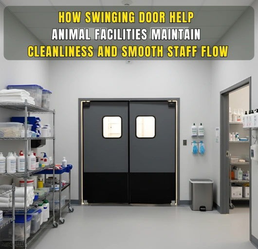 Dark double swinging doors in an organized animal care room, used to improve cleanliness and staff flow.