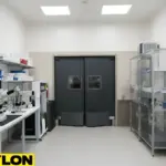 Dark gray PE-Series clean room doors with vision panels, laboratory equipment, and organized storage racks in a controlled environment.