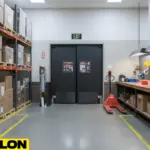 Dark gray PE-series swinging doors leading from warehouse shelving into a packaging workspace.