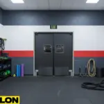 Dark gray double swinging doors in a fitness locker room with weight racks, ropes, and exercise equipment.