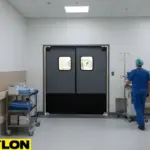 Dark hospital swinging doors in a medical hallway where staff move equipment between rooms.