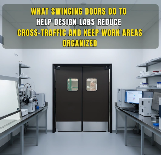 Design lab swinging door in dark brown PE-Series door, helping maintain safe and organized workflow, surrounded by lab equipment