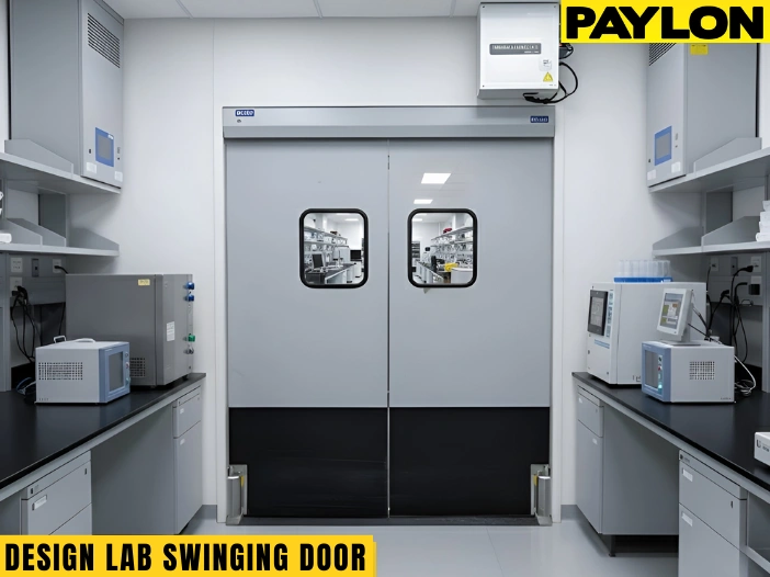 Design lab with gray PE-Series swinging doors, benches on either side, and scientific equipment on countertops