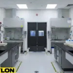 Design lab workspace with dual black PE-Series swinging doors, benches on each side, fume hoods, and chemical storage