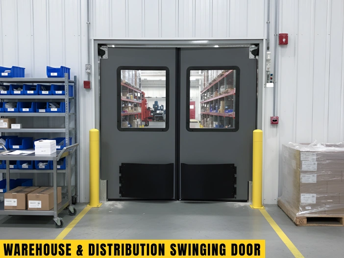 Double church hall swinging doors with vision panels, showing a clean and durable two-way door setup for smooth foot traffic.