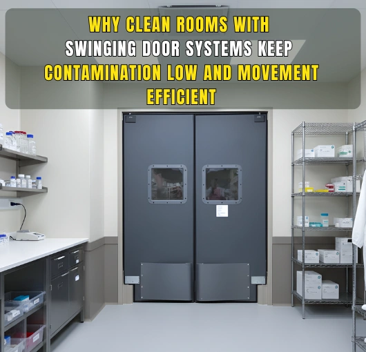 Double gray PE-Series clean room doors with vision panels and article title overlay, showing organized lab space.