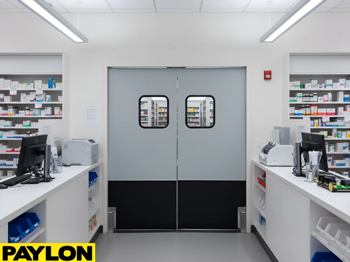 Double retail swinging doors behind the pharmacy counter supporting steady staff traffic