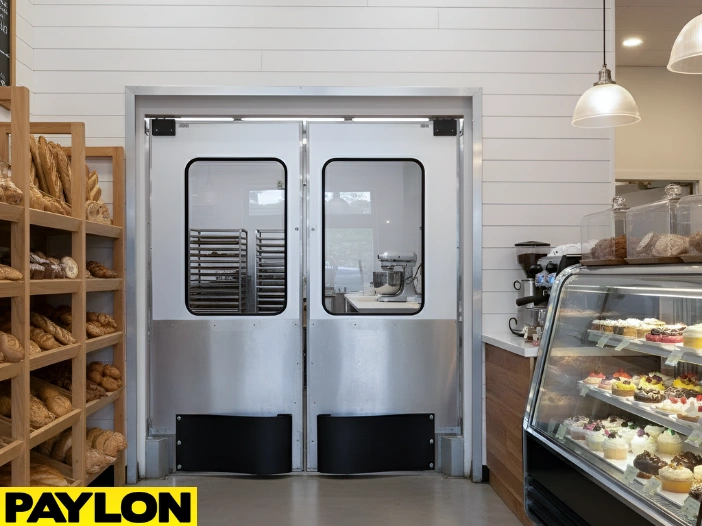 Double retail swinging doors connecting bakery prep room and front display area