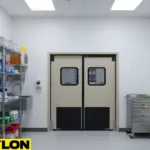 Dual swinging doors in a hospital supply room surrounded by shelves of medical materials.