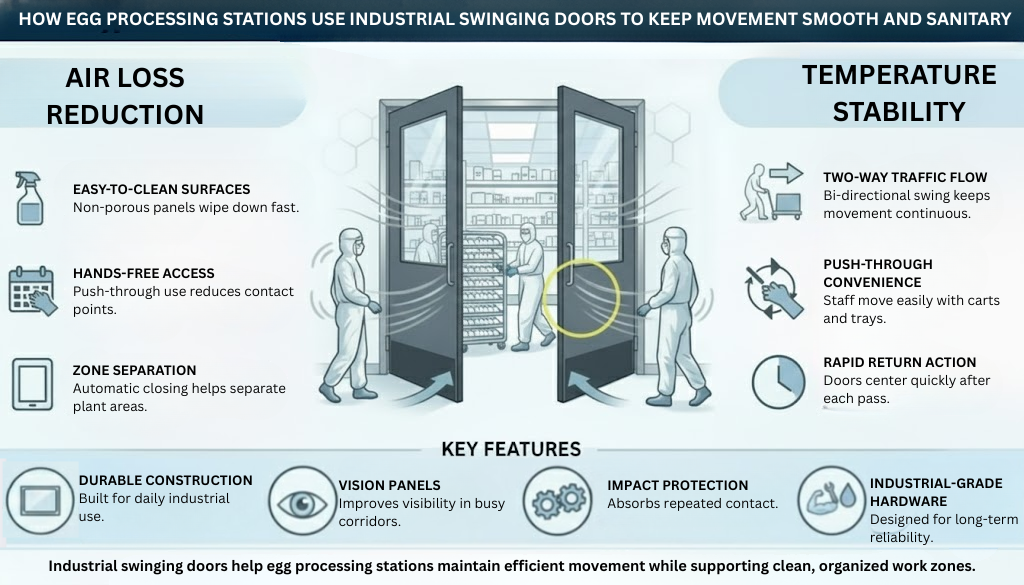 Egg processing worker using industrial swinging doors for hands-free movement