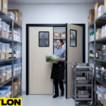Employee exiting pantry storage through swinging doors while carrying prepared ingredients