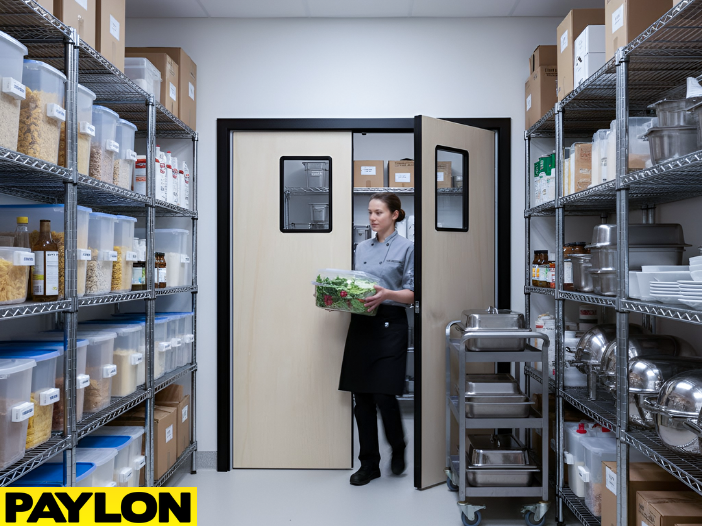 Employee exiting pantry storage through swinging doors while carrying prepared ingredients
