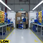 Factory worker using brown swinging doors while pushing a cart through a high-traffic electronics workstation area
