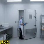 Food facility staff opening a heavy-duty insulated swinging cooler door, demonstrating improved temperature control and reduced air loss in cold storage areas.