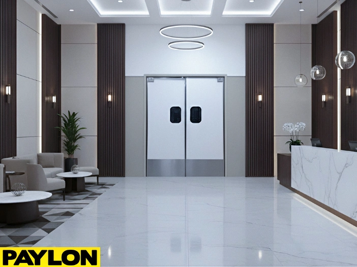 Front desk area with swinging doors separating guest and service pathways