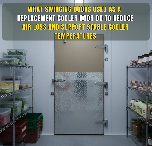 Front view of an insulated swinging cooler door inside a walk-in cooler, illustrating how replacement cooler doors reduce air loss and maintain stable temperatures.