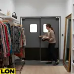 Gray PE-Series retail swinging doors with a staff member opening the door while handling folded clothing in a boutique