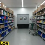 Gray PE-Series swinging doors in a retail storage aisle with carts and shelving