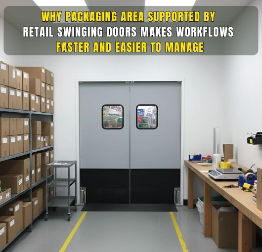 Gray PE-series swinging doors installed in a packaging room to improve workflow and movement.