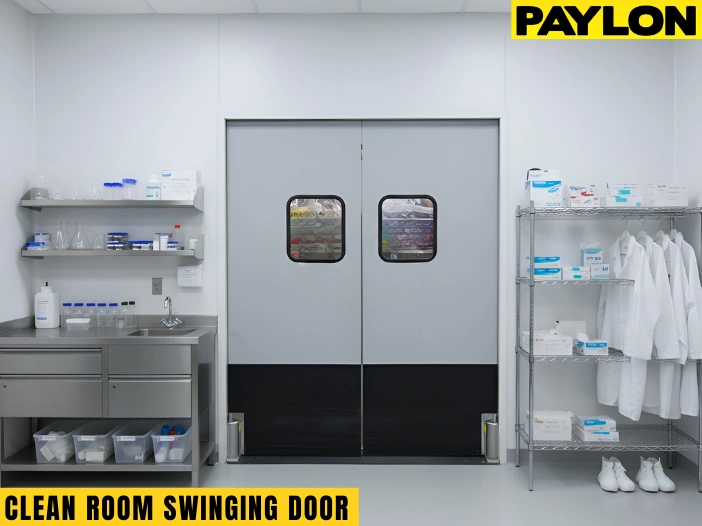 Gray clean room swinging double doors with vision panels and garment racks in a sterile laboratory workspace.