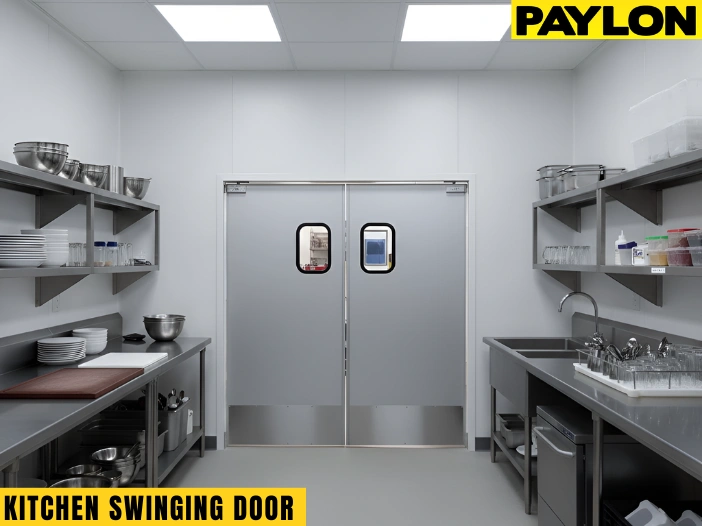 Gray commercial kitchen swinging doors with round vision windows designed for efficient movement between prep areas.