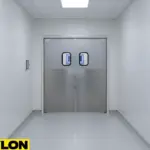 Gray double medical lab swinging doors with small vision panels, installed in a sterile lab corridor.