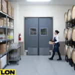 Gray double swinging doors in a winery stockroom with wine barrels and shelving as staff carries bottles.