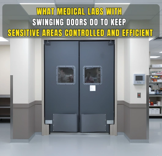 Gray double swinging doors labeled with article title, showing controlled access in a medical lab.