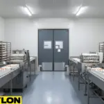 Gray industrial swinging door inside an egg sorting and grading room with conveyor lines and egg trays.