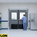 Gray medical swinging door with clear panels, assisting medical staff with seamless access to supply rooms and storage areas.