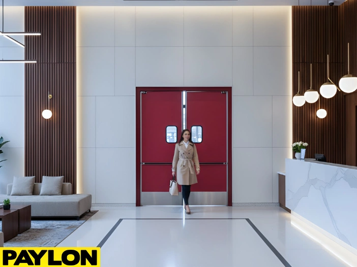 Guest walking through swinging doors near a hotel reception desk
