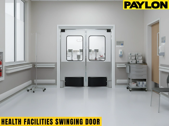 “Health facility swinging doors with clear vision panels in a medical treatment room, highlighting easy-clean surfaces and impact protection for busy hospital environments.”