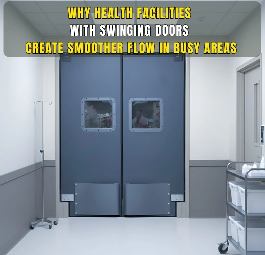 “Healthcare facility hallway with heavy-duty swinging doors highlighting smooth traffic flow and improved movement in busy medical environments.”