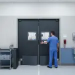 Healthcare worker opening durable swinging doors in a medical hallway to support smooth, hands-free movement and safer patient care.