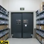 Heavy duty black swinging door inside a warehouse style chemical storage area with clear bins and boxed inventory.