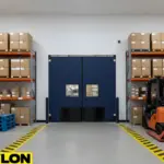 Heavy duty industrial swinging doors installed in a warehouse environment with forklift access and high-traffic equipment flow.
